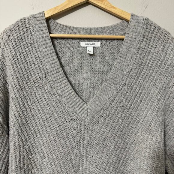 NWT Nine West XXL Sweater Gray Chunky Knit Tunic Longline V-Neck Cabincore Cozy - Picture 3 of 15